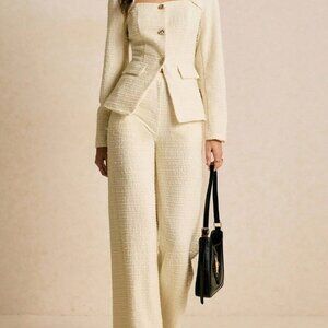 White Elegant Women's Swan Collar Jacket Set